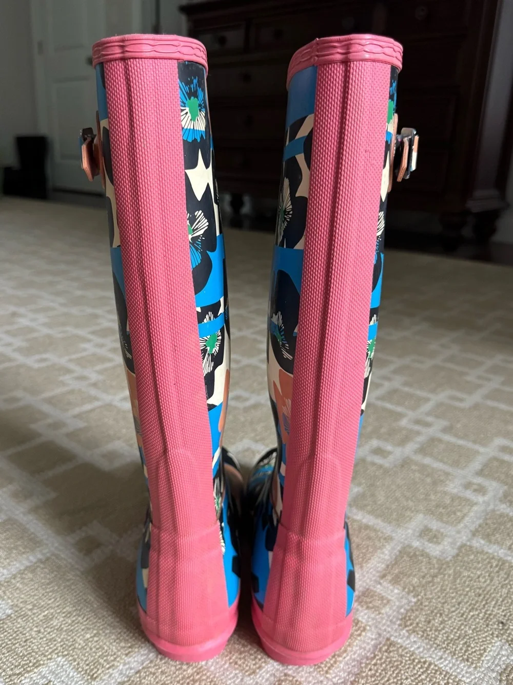 Hunter Original Tall Floral Print Rain Boots Waterproof Pink Blue Women’s US 7
